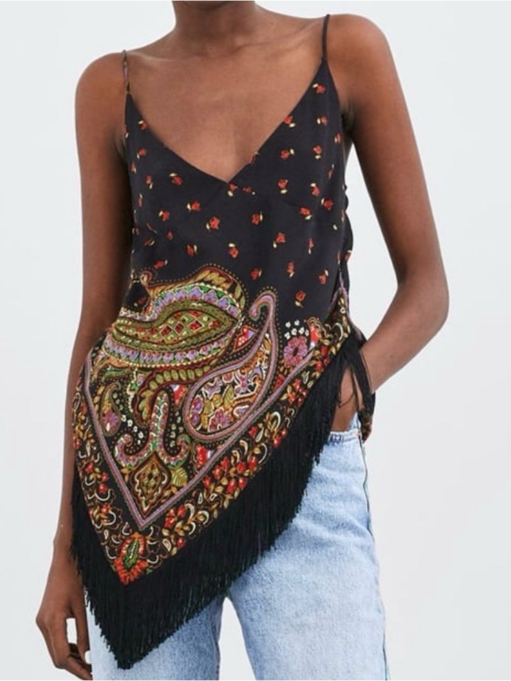 Black Paisley Fringe Handkerchief Tank Top